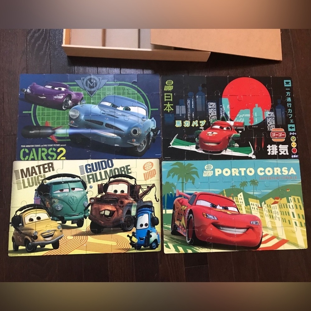 Disney Cars 2 Wood Puzzle Lot of 4 in storage box - Picture 2 of 12